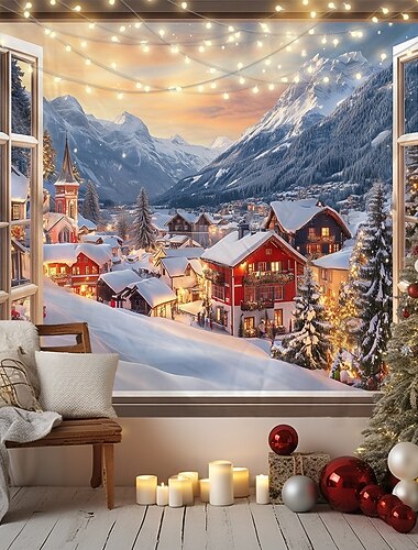  juledekorasjoner hengende billedvev vindu utsikt veggkunst jul stor billedvev veggmaleri dekor fotografi bakteppe teppe gardin hjem soverom stue dekorasjon