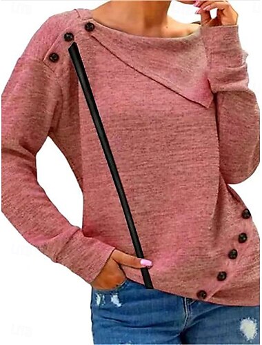  Women's Shirt Blouse Solid Color Basic Casual Long Sleeve Crew Neck Regular Tops Daily Zipper Buttons Black Red Gray Fall Winter