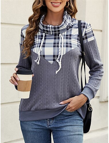  Damen Sweatshirt Casual Plaid Street Alltagskleidung Wasserfallausschnitt Print Langarm rosa grün dunkelgrau Herbst Winter