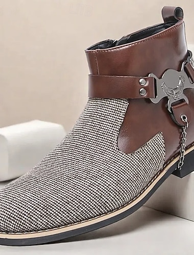  Botines de pana y piel sintética para hombre: elegante diseño marrón y azul con detalle de águila de metal, moda inspirada en el vaquero occidental para ocasiones informales y formales