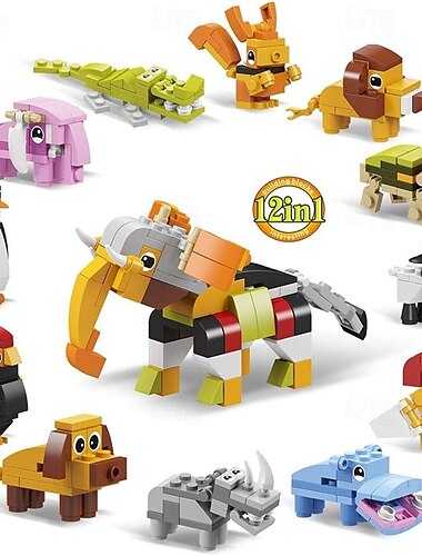  Ensemble de mini blocs de construction d'animaux 12 en 1, briques de construction Stem, royaume animal, jouets de zoo pour enfants