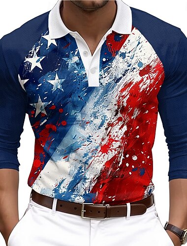  4 يوليو 2026، الذكرى 250 رجالي علم الولايات المتحدة الأمريكية قدامى المحاربين قمصان البولو قميص الجولف كم طويل قمصان البولو قميص بياقة كاجوال ملابس الشارع ملابس المهرجانات ملابس الحفلات