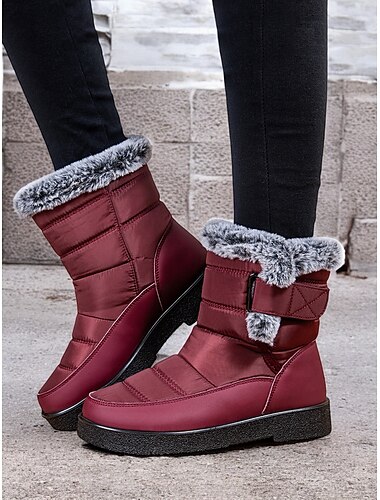  botas de neve de inverno impermeáveis femininas - design acolchoado bordô com forro de pele sintética e tiras ajustáveis para clima frio ao ar livre