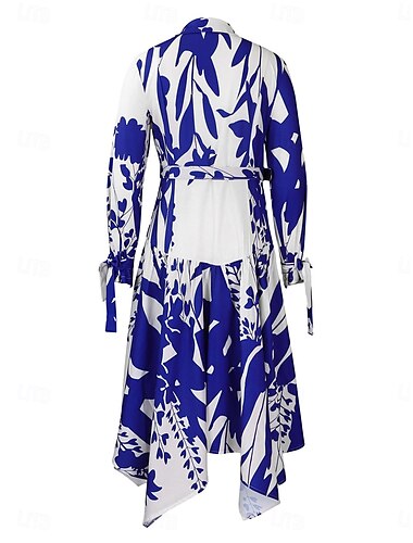  Vestido largo de mujer con cuello camisero de hojas y manga larga para verano y primavera