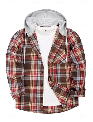  Herren Hemd Flanelljacke Flanell Hemden Overshirt Weihnachts-Shirt Schwarz Grün Kaffee Langarm Plaid Mit Kapuze Outdoor Strasse Bekleidung Modisch Brautkleider schlicht Komfortabel