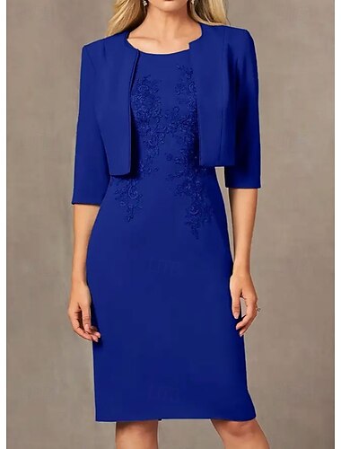  Zweiteiliger Sheath  Column Kleid Strandhochzeitsanzug Brautmutterkleid Einfach Juwel-Ausschnitt Knie-Länge Stretch-Stoff Jackett Kleider mit Stickerei Applikationen Derby Kleid Renntag Kleid 2025