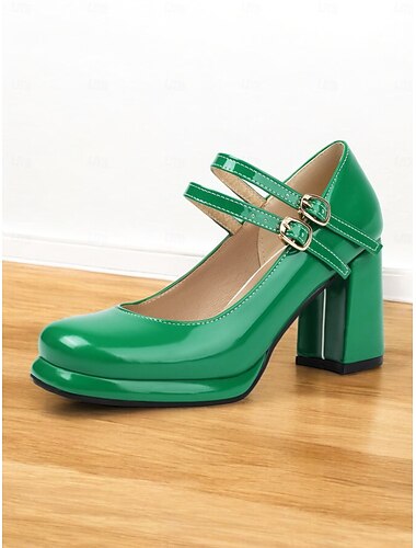  Retro Mary Jane-hakken met dubbele bandjes voor dames - schoenen met blokhak van lakleer voor vintage-geïnspireerde outfits