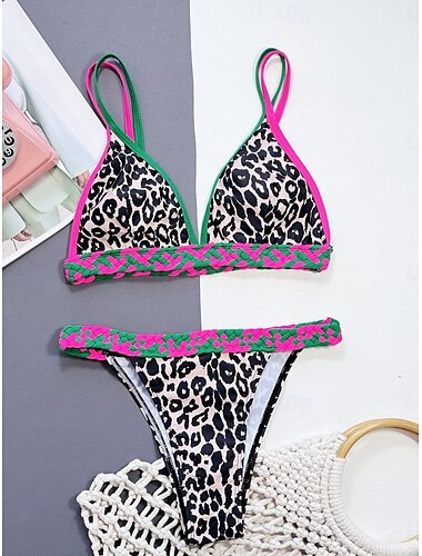  Damen Badeanzug Bikinis 2 Stück Cheeky-Bikinihose Bademode Rückenfrei Schlank Urlaub Strandbekleidung Leopard V Ausschnitt Ärmellos Badeanzüge