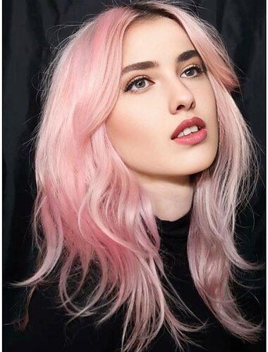  perruque inspirée de megan fox perruque asymétrique ondulée longueur moyenne cheveux synthétiques roses design à la mode pour femmes rose naturel doux