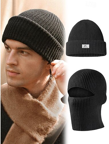  Men's Black Knitted Beanie with Removable Balaclava - Warm and Versatile Winter Hat for Outdoor Activities and Sports