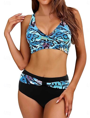  Damen Badeanzug Bikinis 2 Stück Cheeky-Bikinihose Bademode Rückenfrei Schlank Urlaub Strandbekleidung Leopard V Ausschnitt Ärmellos Badeanzüge