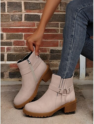  bottines grises pour femmes – talon bloc élégant avec détails de sangle, fermeture éclair latérale et semelle robuste pour une tenue décontractée et extérieure