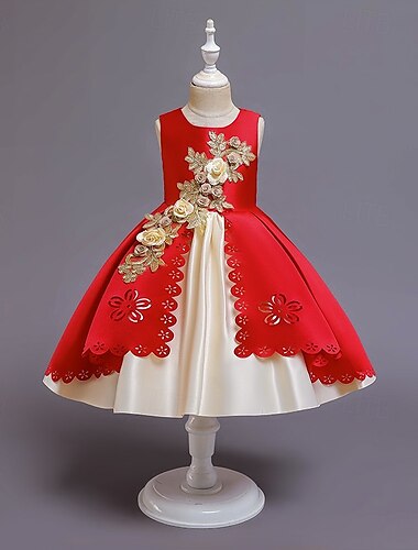  Flower Girl Dress Kid's Girls' Princess Dress Performance Wedding Party Elegant Beautiful Patchwork Floral Sleeveless Crew Neck Wine Red Pink 4 years+