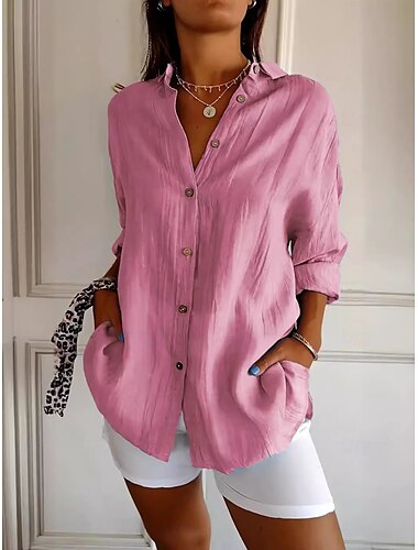  Damen Hemd Baumwoll-Leinen-Hemden Knopfleiste Bluse Einfarbig Basic Lässig Langarm Bischofsärmel Hemdkragen Normale Oberteile Urlaub Täglich Patchwork Knöpfe Rosa Blau Khaki Herbst Winter