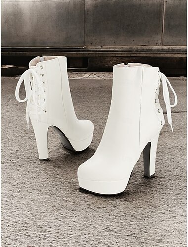  botins plataforma brancos femininos com cadarço nas costas e zíper lateral – botas de salto alto da moda para festas e saídas à noite