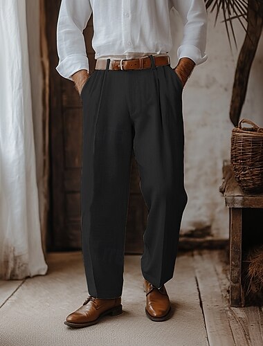  Herren Leinenhose Hose Hosen Sommerhosen Faltenhose Anzughose Vordertasche Gerade geschnitten Glatt Komfort Atmungsaktiv Casual Täglich Festtage Modisch Basic Schwarz Weiß
