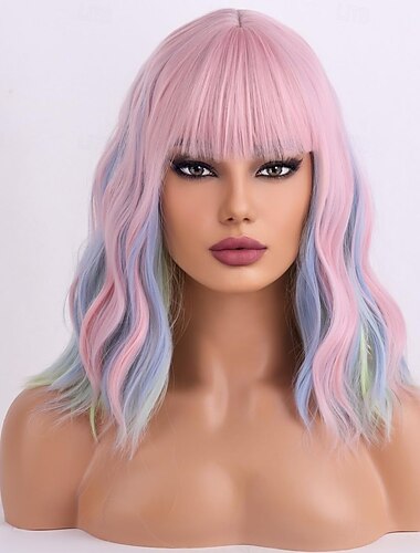  باروكة شعر قصيرة مجعدة ومتموجة مع غرة باروكة شعر للنساء والفتيات باروكة شعر صناعي مقاوم للحرارة باروكة شعر للاستخدام اليومي باروكة تنكرية مع غطاء باروكة