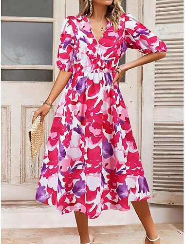  Damen Blumen V-Ausschnitt Maxikleid Kurzarm Sommer Frühling