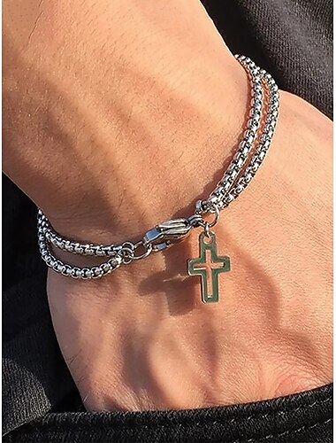  Bracciale con ciondolo a croce da uomo - design a catena a doppio strato per abbigliamento religioso o casual