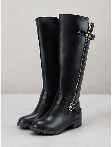  Botas de montar negras hasta la rodilla para mujer con parte trasera acolchada y cremallera dorada: elegante calzado de invierno de inspiración ecuestre