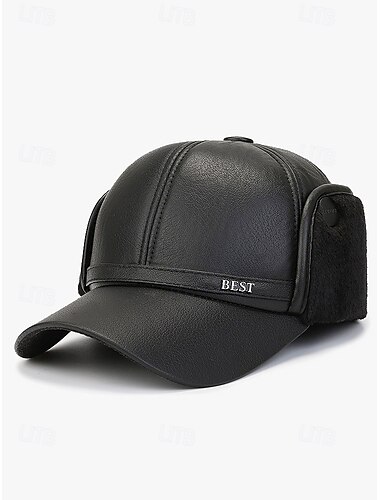  Winter-Baseballkappe aus Kunstleder für Herren – warmes Fleecefutter mit Ohrenklappen, stylische schwarze Wintermütze für Outdoor-Aktivitäten und die Freizeit