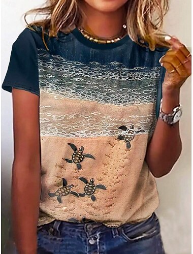  Mujer Camiseta Oceano Casual Manga Corta Escote Redondo Tops regulares Diario Estampado Azul Piscina Verano Primavera