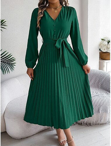  Damen Vintage-Kleid Minikleid Gefaltet Hohe Taillenlinie Elegant Ausgefallene V Ausschnitt Langarm Blau Grün Khaki Farbe