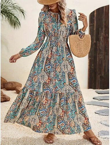  Damen Maxidress Casual kleid Schaukelkleid A Linie Kleid Boho-Kleid Böhmen Vintage Ethnisch Täglich Regular Fit Paisley-Muster Langarm Rundhalsausschnitt Blau Sommer Frühling Herbst