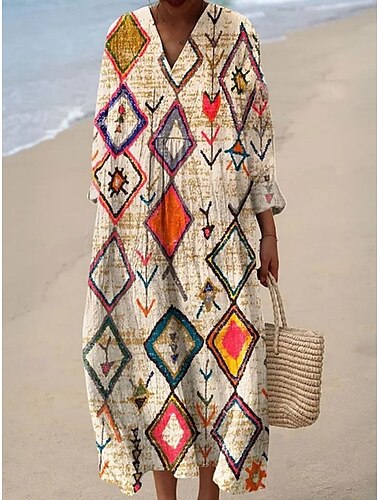  Damen Maxikleid Leinen-inspirierte Kleider Freizeitkleid Schwingkleid Lässig Täglich Normale Passform Blumen Langarm V Ausschnitt Marineblau Khaki Beige Sommer Frühling Herbst