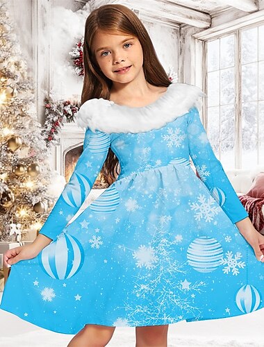  Mädchen' 3D Graphic Schneeflocke Kleid Langarm Frühling Herbst Urlaub Täglich Festtage Schön Süß kinderkleidung 4-12 Jahre abendkleider A Linie Kleid Knielang Regular Fit