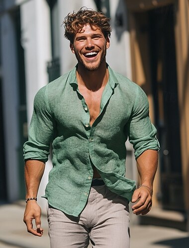  Herren leinenhemd Sommerhemd Strandbekleidung Lässiges Hemd Knopfhemd Glatt Urlaub Casual Schwarz Weiß Rosa Grün Langarm Kargen Frühling Sommer Bekleidung