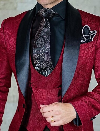  Svart+Burgundy Svart Vit Herrdräkter Bröllopsdräkter Återkomstdräkter Jacquard Blommig 3-delad Skräddarsydd Passform Enknäppt En knapp