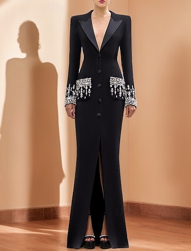  Svart Vit Blazer A-linjeformad Middagsklänning Vintage Tuxedoklänning Formell Bröllop Golvlängd Långärmad Skjortkrage med Rhinestone Glitter 2025