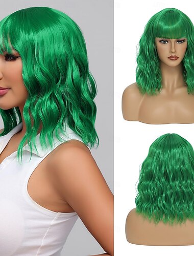  Kurze gewellte Perücke mit Pony für Frauen, lockiger Bob, Kunsthaarperücke für den täglichen Gebrauch, Kostüm, Cosplay, St. Patrick's Day-Perücke