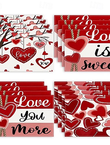  Juego de 4 manteles individuales para el día de San Valentín, manteles individuales románticos y decorativos con patrones de corazones o rosas, duraderos y resistentes al calor, perfectos para agregar