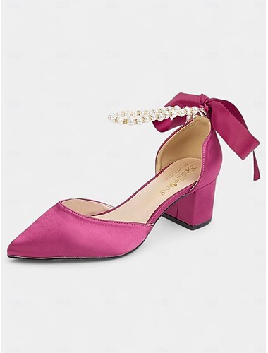  Damenpumps aus Satin mit Blockabsatz, Perlen-Fesselriemchen und Schleife – elegantes Design mit spitzer Spitze, perfekt für Hochzeiten und besondere Anlässe
