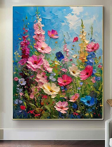  Gran paisaje de flores hecho a mano, pintura al óleo sobre lienzo, pintura floral pastel, pintura de paisaje de flores de primavera, arte de pared grande, decoración de sala de estar, pintura al óleo