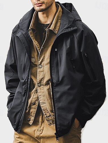  Herren Outdoorjacke Schule Outdoor Wasserdicht Sonnenschutz Reißverschluss Tasche Frühling Herbst Winter Einfarbig Neutral Mode Mit Kapuze Schwarz Weiß Blau Braun Jacken