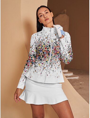  Chaqueta de golf para mujer, blanca, de manga larga, ajustada, con estampado floral, ropa de golf para mujer, conjuntos de ropa