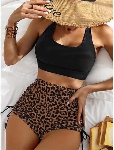  Damen Badeanzug Bikinis 2 Stück Unterhosen Bademode Rückenfrei Schlank Urlaub Strandbekleidung Leopard U-Ausschnitt Ärmellos Badeanzüge