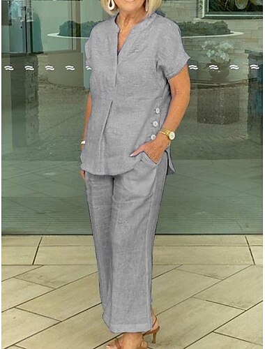  Femmes Chemise Ensembles en coton et lin Ensembles deux pièces Pantalons en Lin Manche Courte Couleur Unie bleu marine Bleu Gris Été Coupe régulière