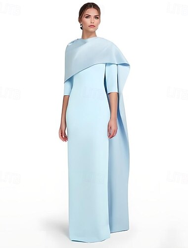  robe de soirée fourreau bleu ciel de mariage de plage robe rose élégante robe de mariée formelle longueur au sol manches 3/4 col bijou crêpe extensible avec châle fendu 2025