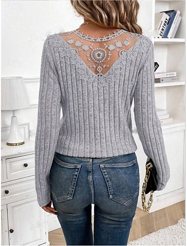  Blusas Elegantes de Encaje para Mujer con Ojal Blusas de Moda Modernas Casual de Talla Regular de Manga Larga Cuello en V Ajuste Regular Ropa Diaria de Fin de Semana Romántica Tallas Pequeñas Ropa de