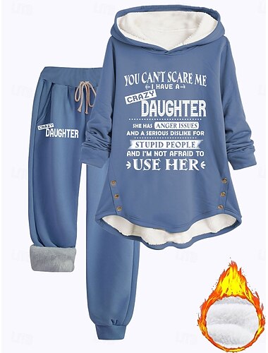  Damen 2-teiliges Tages Hoodie Fleece Hosen Langarm Kapuzen Letter Drawstring Print Lässig Dunkelrosa Blau Grau Herbst Regulär Fit