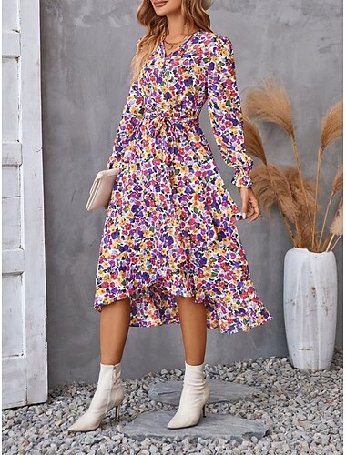  Women's Floral V Neck Midi Dress Long Sleeve Summer Spring