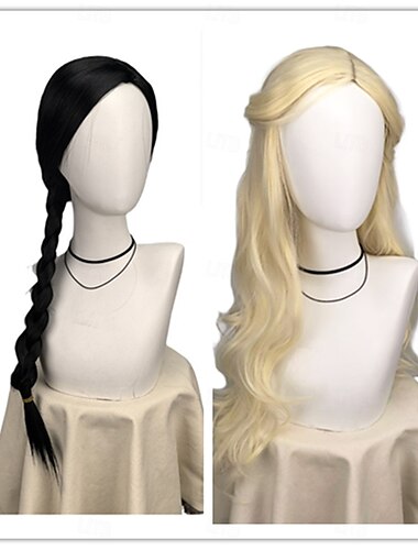  Peluca de cosplay para mujer, de pelo sintético, con trenza negra para Elphaba, rubia, larga y ondulada, para disfraz de fiesta de Glinda.