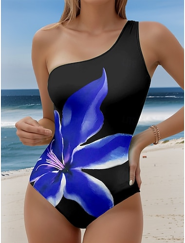  Costumi da bagno da donna Intero Monokini senza schiena controllo della pancia vita alta slim abbigliamento da spiaggia per le vacanze floreale colletto asimmetrico costumi da bagno senza maniche