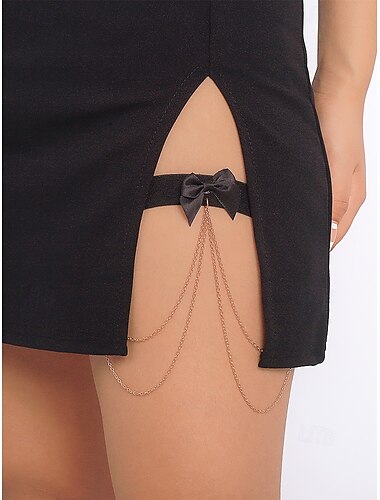  Arnés de cadena con lazo negro para muslos para mujer: liguero elástico sexy con detalles de cadena plateada, ideal para lencería y atuendos de festival