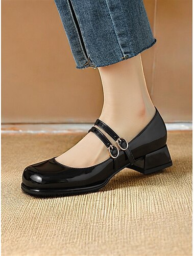  damskie buty typu Mary Jane w stylu vintage z podwójnym paskiem, lakierowane, klockowe obcasy z detalami w postaci sprzączki, idealne do stylu retro i na nieformalne okazje