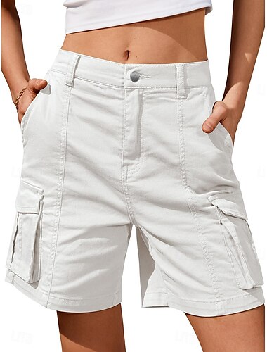  Damen Normal Cargo Shorts Kurze Hosen Casual Knielänge Mittlere Taillenlinie Feste Farbe Multi Pocket Bequem Schnelltrocknend Feuchtigkeitsableitung Mikro-elastisch Outdoor Schwarz Weiß Grau Sommer